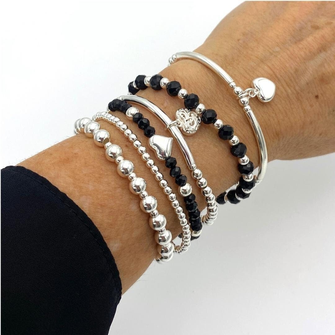 Black Crystal & Sterling Silver Heart Bracelet