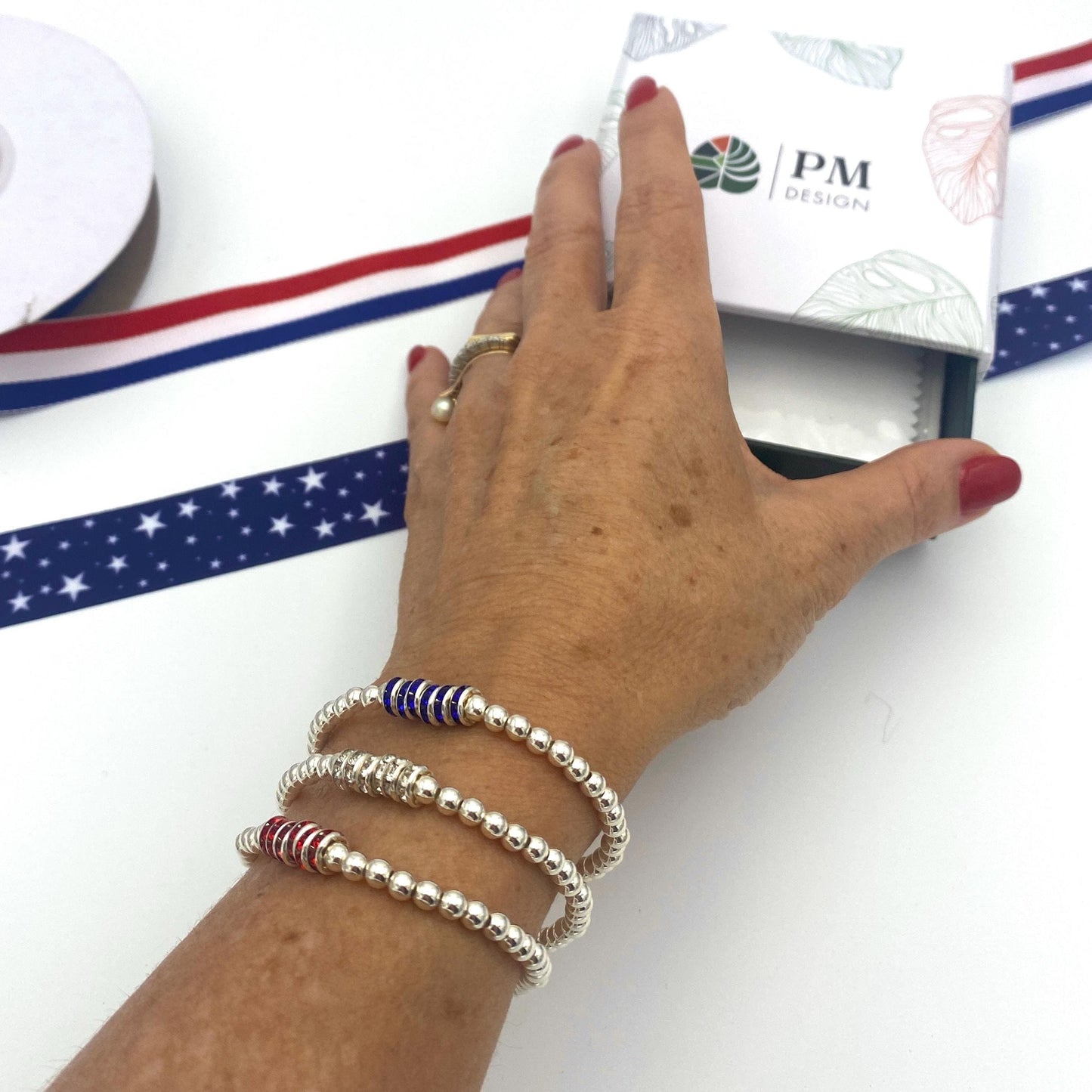 Red white blue bracelet set USA flag crystal jewelry 4th of July