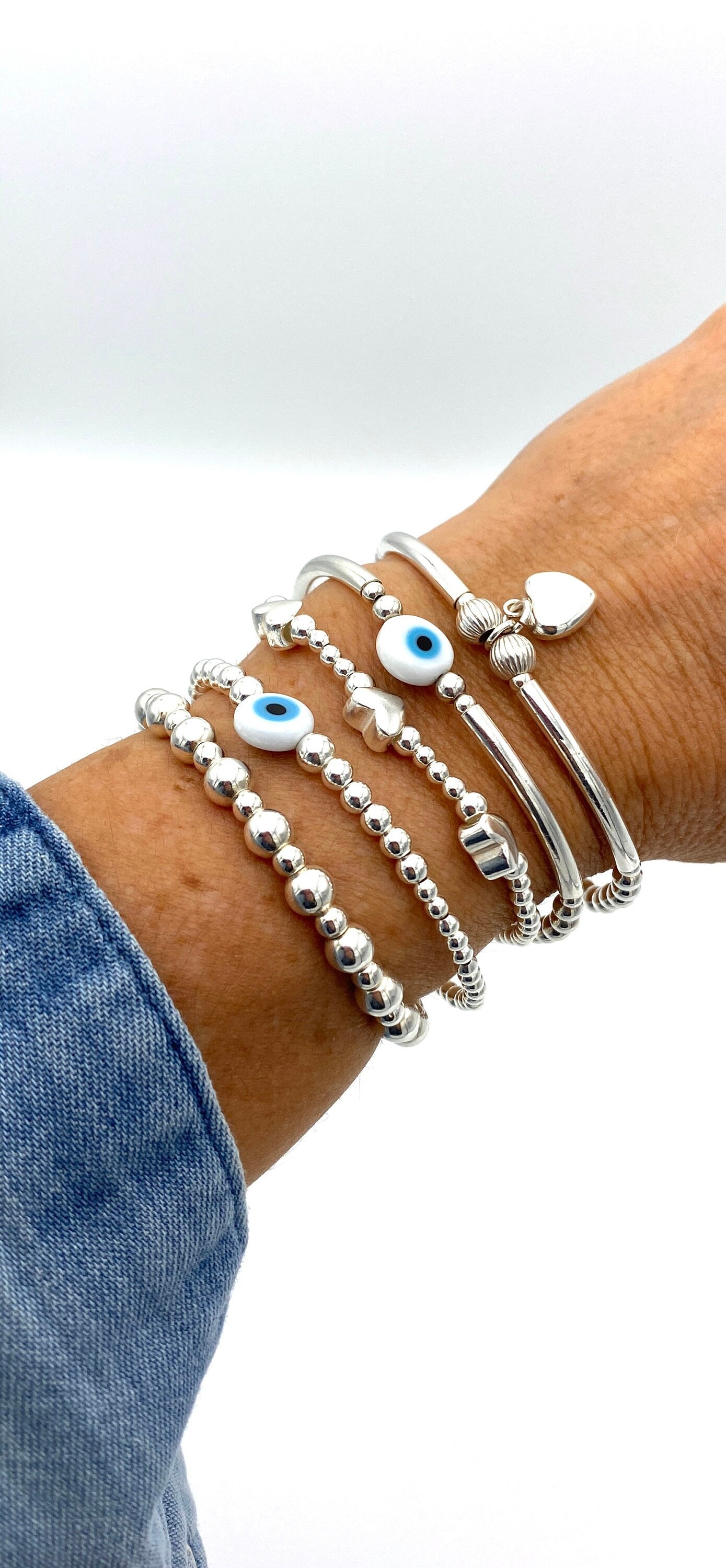Evil Eye Silver Bracelet Greek Charm Stacking Jewelry Gift for Women