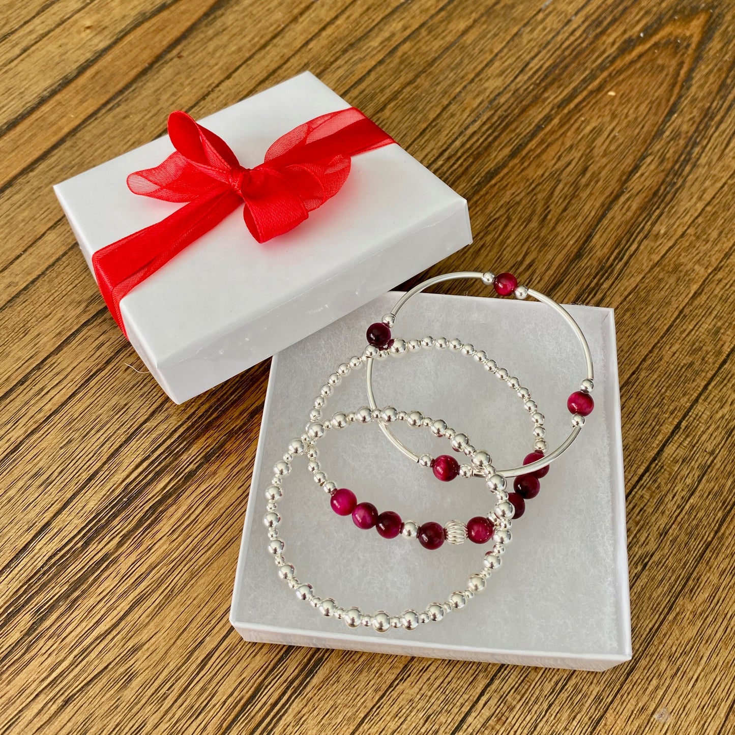 Pink Tiger Eye Sterling Silver Beaded Bracelet Layering Gift for Women