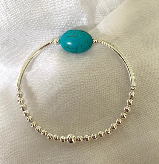 Turquoise silver beaded bracelet for women stacking jewelry birthday gift anniversary stretchy set