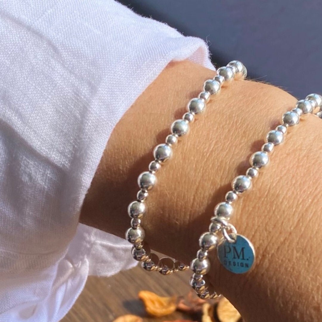 Sterling Silver Beaded Bracelet Women Wedding Jewelry Stretch Bracelet 3mm 5mm Gift for Mom