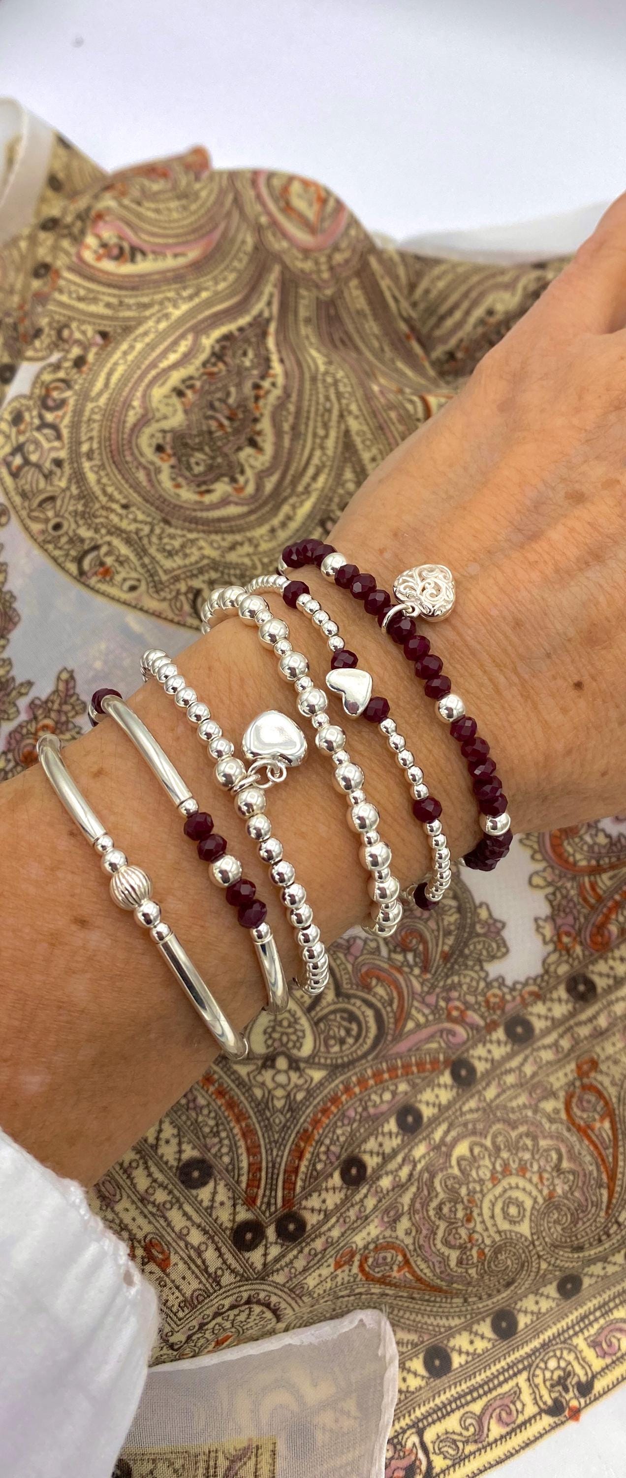 Sterling silver wine crystal bracelet for women heart charm stretchy personalized jewelry gift