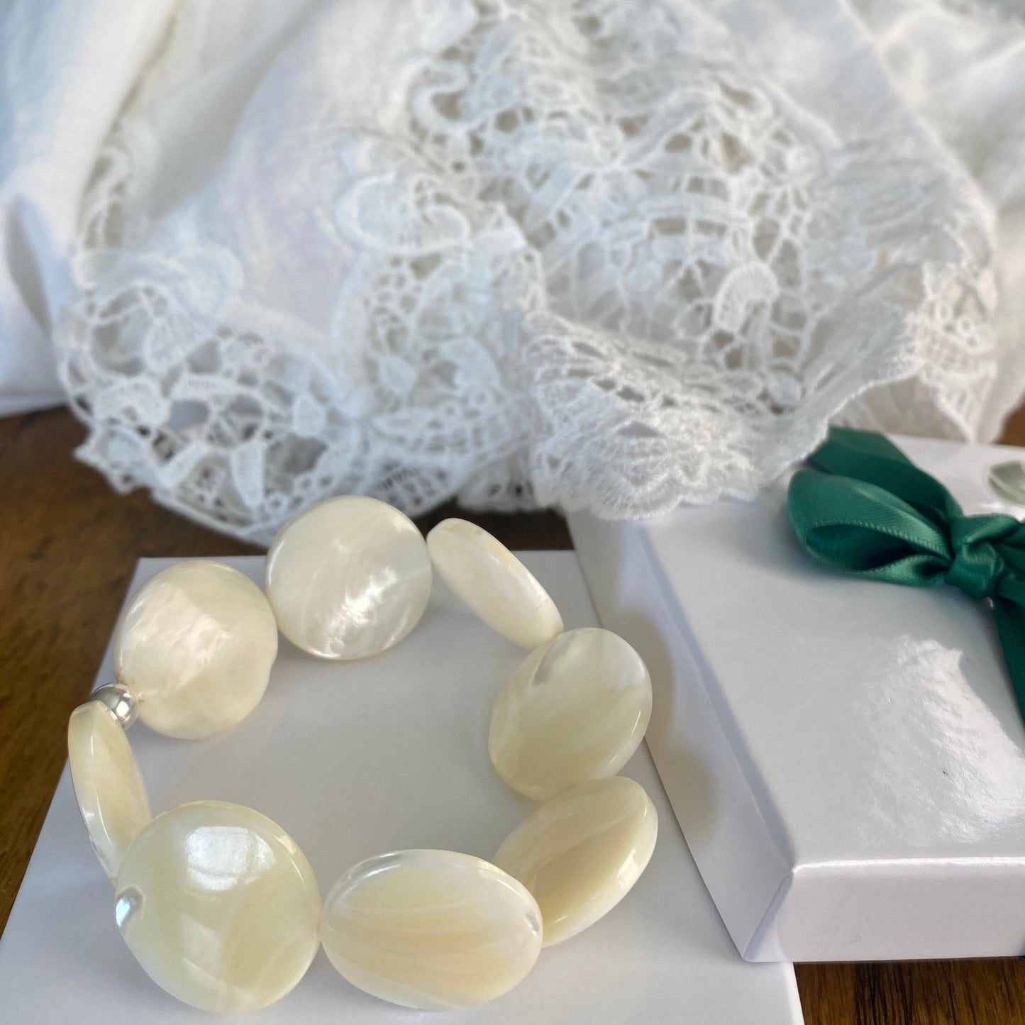 Maxi Mother of Pearls sterling silver bracelet large pearl stretchy jewelry maximalist women gift