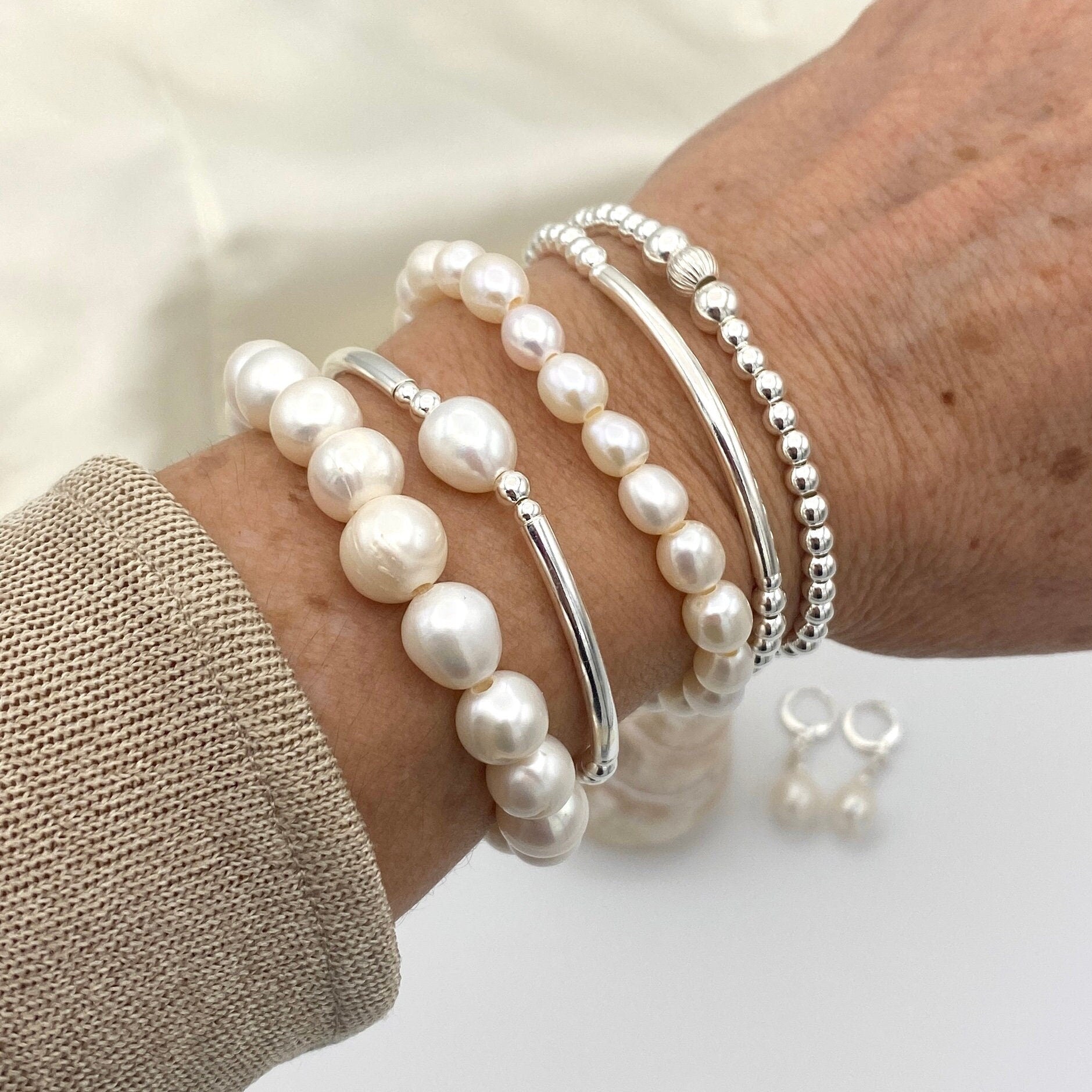 Sterling Silver Wedding Pearl Bracelet and Earrings Set