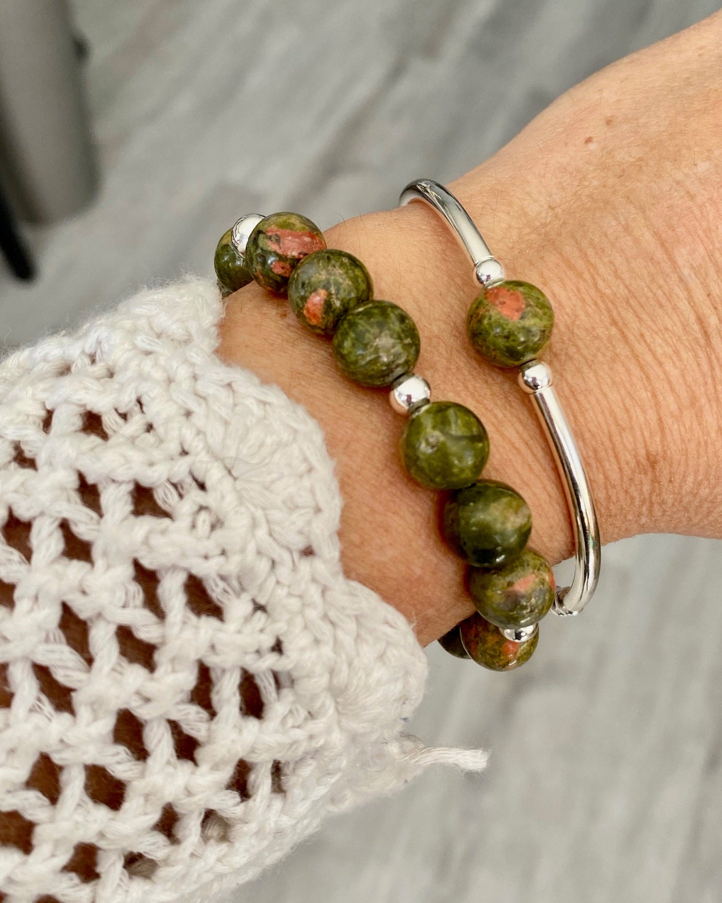Silver and Green Beaded Bracelet Sterling Silver Stretchy Gift for Women