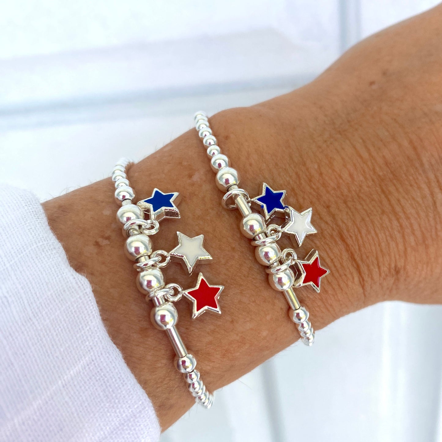 Patriotic stars bracelet set red white blue charms sterling silver USA gift