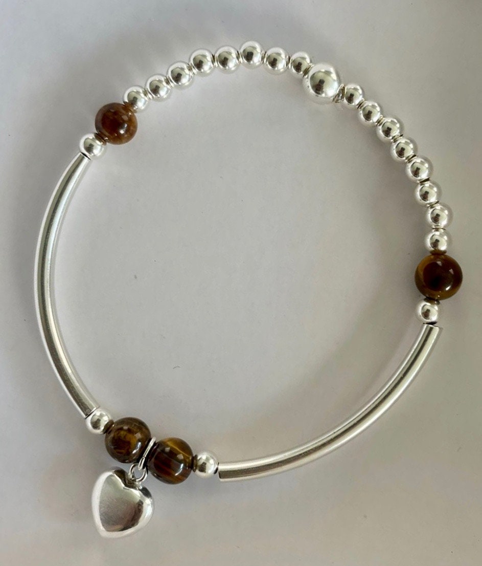 Tiger's eye sterling silver charm bracelet beaded stretchy heart jewelry set