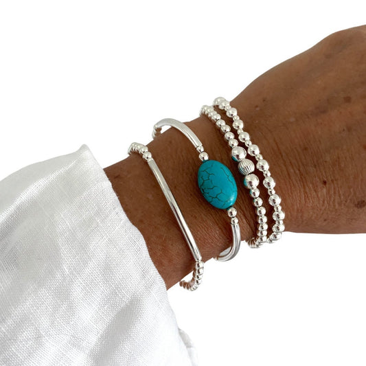 Turquoise silver beaded bracelet for women stacking jewelry birthday gift anniversary stretchy set