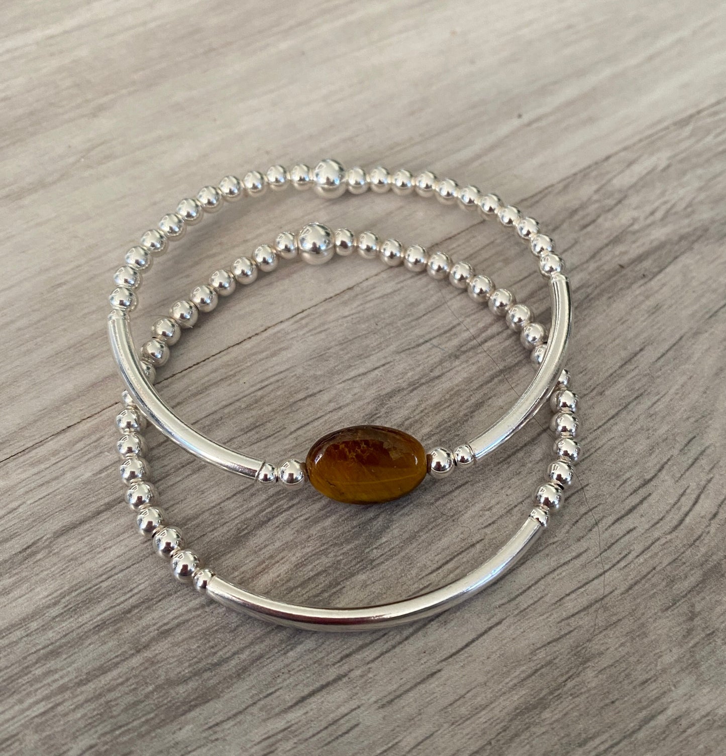Sterling silver tiger's eye stretchy bracelet set for women gemstone stack jewelry gift