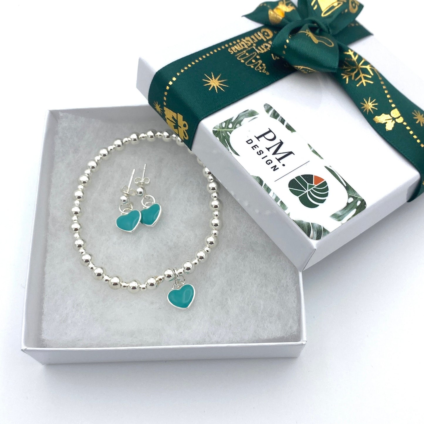 Sterling silver blue heart bracelet and earrings set personalized friendship women jewelry