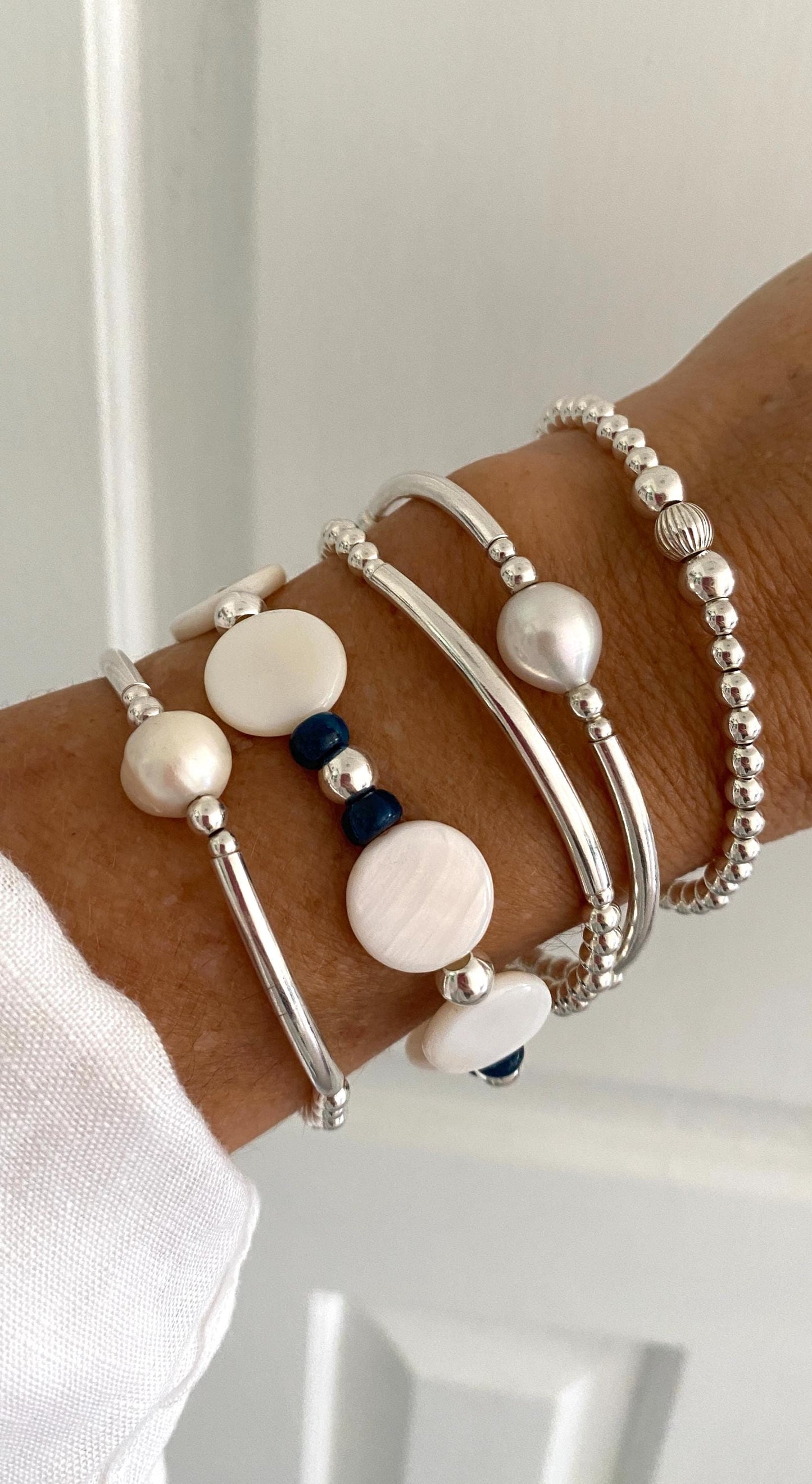 Sterling silver mother of pearls and blue stone bracelet gift for her