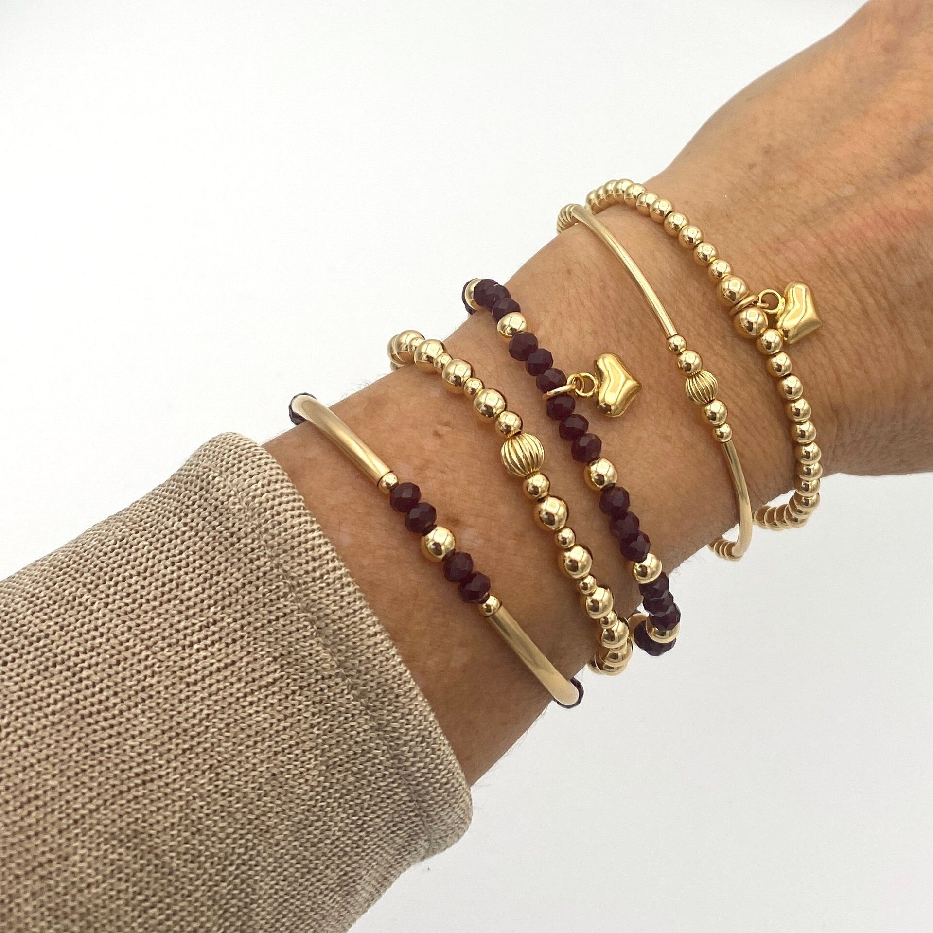 Gold Filled and Dark Red Crystal Heart Bracelet Set