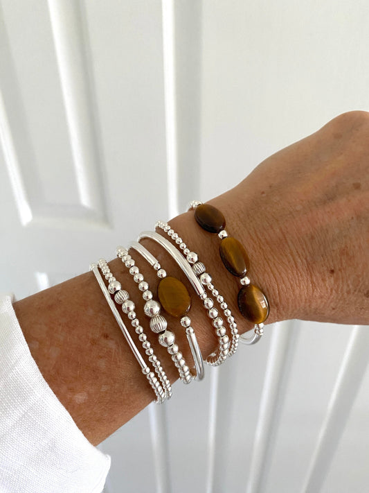 Sterling silver tiger's eye stretchy bracelet set for women gemstone stack jewelry gift