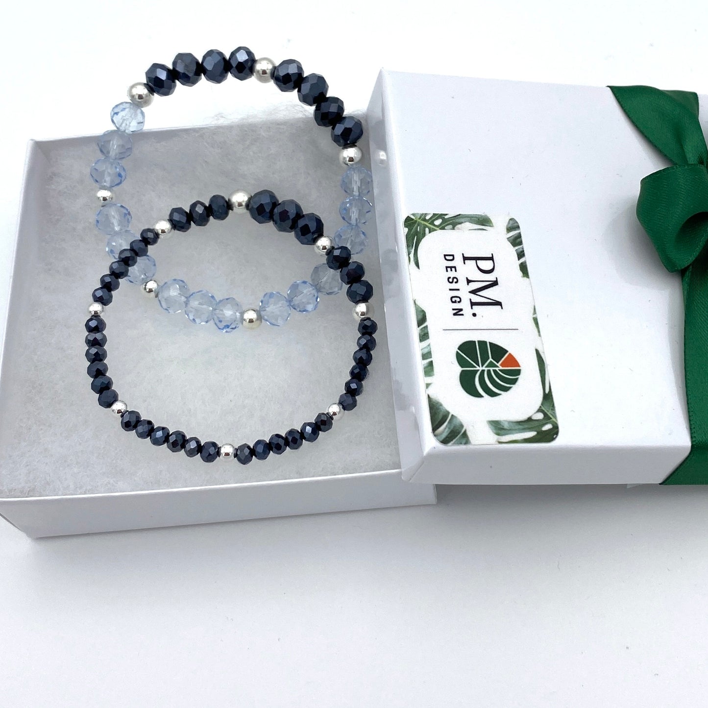 Blue Crystal Silver Bracelet Sterling Beaded Stack Gift for Women Jewelry Set