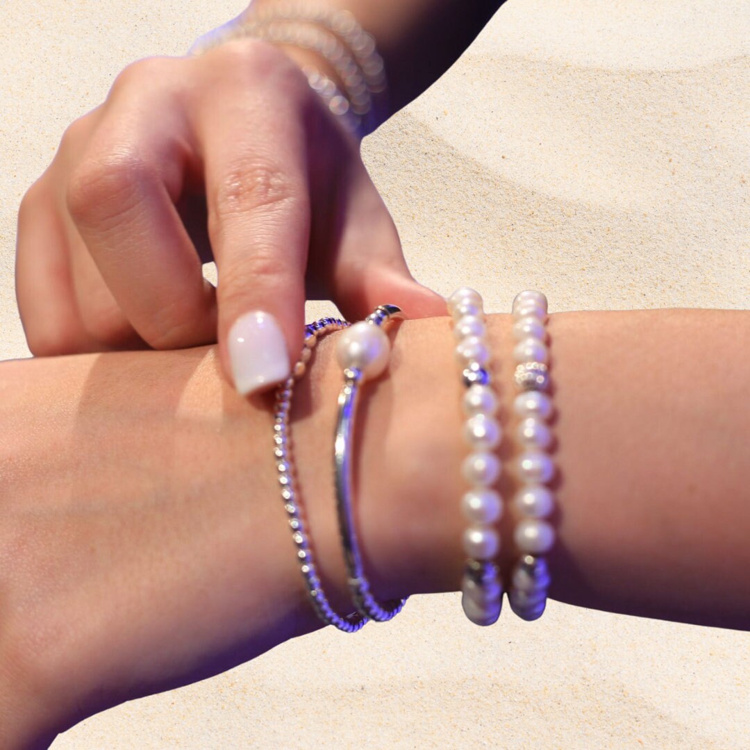 Sterling silver pearl bracelet and earrings set bridesmaid gift delicate bridal jewelry for bride or mother of the bride