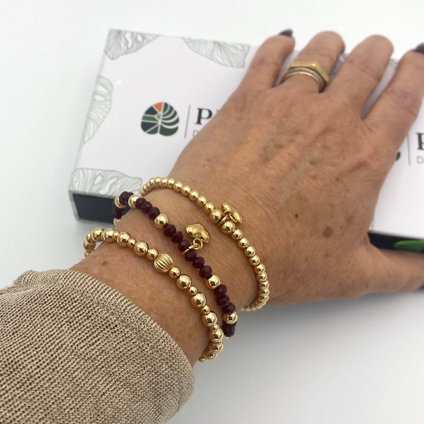 Gold Filled wine crystal beaded bracelet Heart Charm Women Jewelry friendship Gift