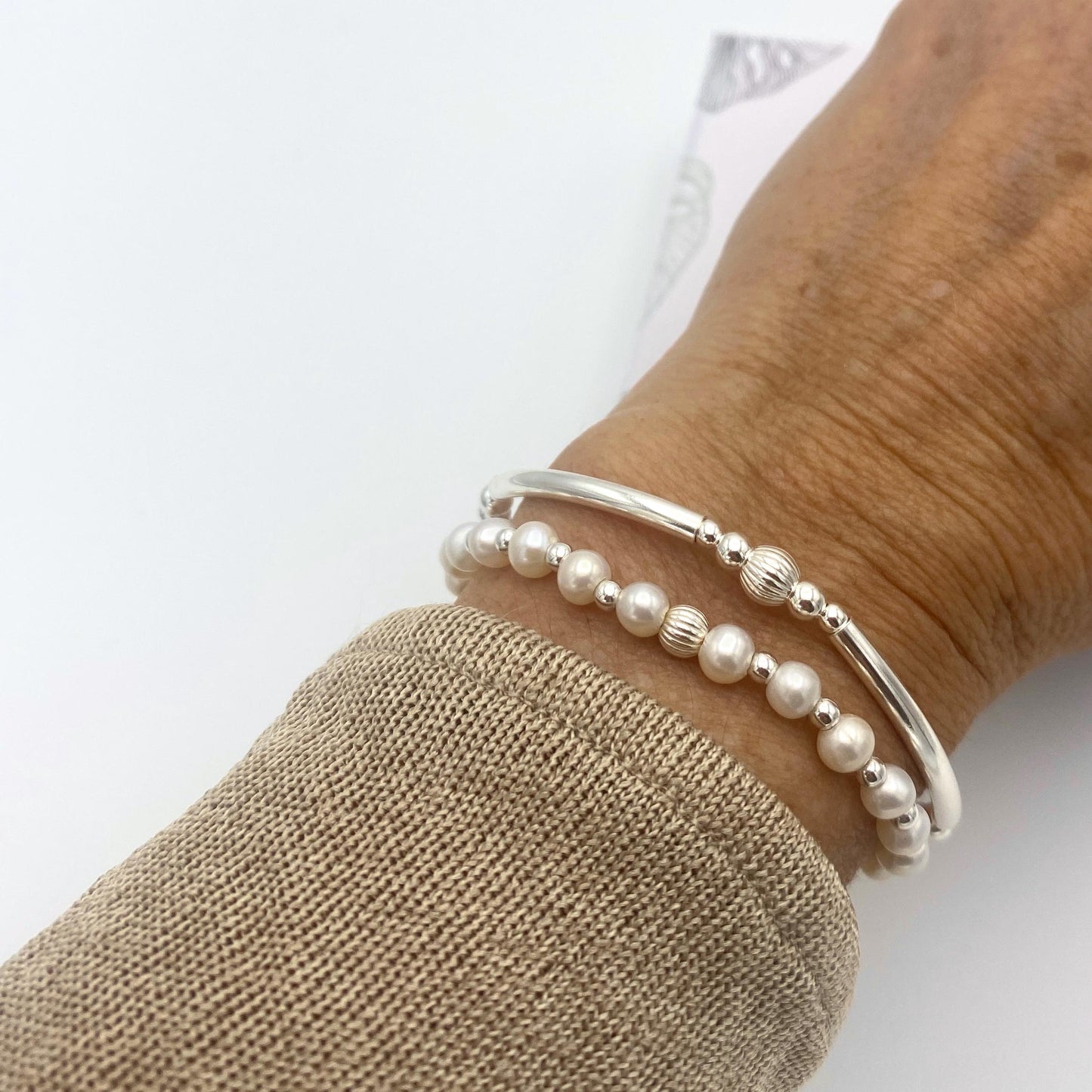 Pearl heart charm bracelet sterling silver wedding jewelry set gift for bridesmaid