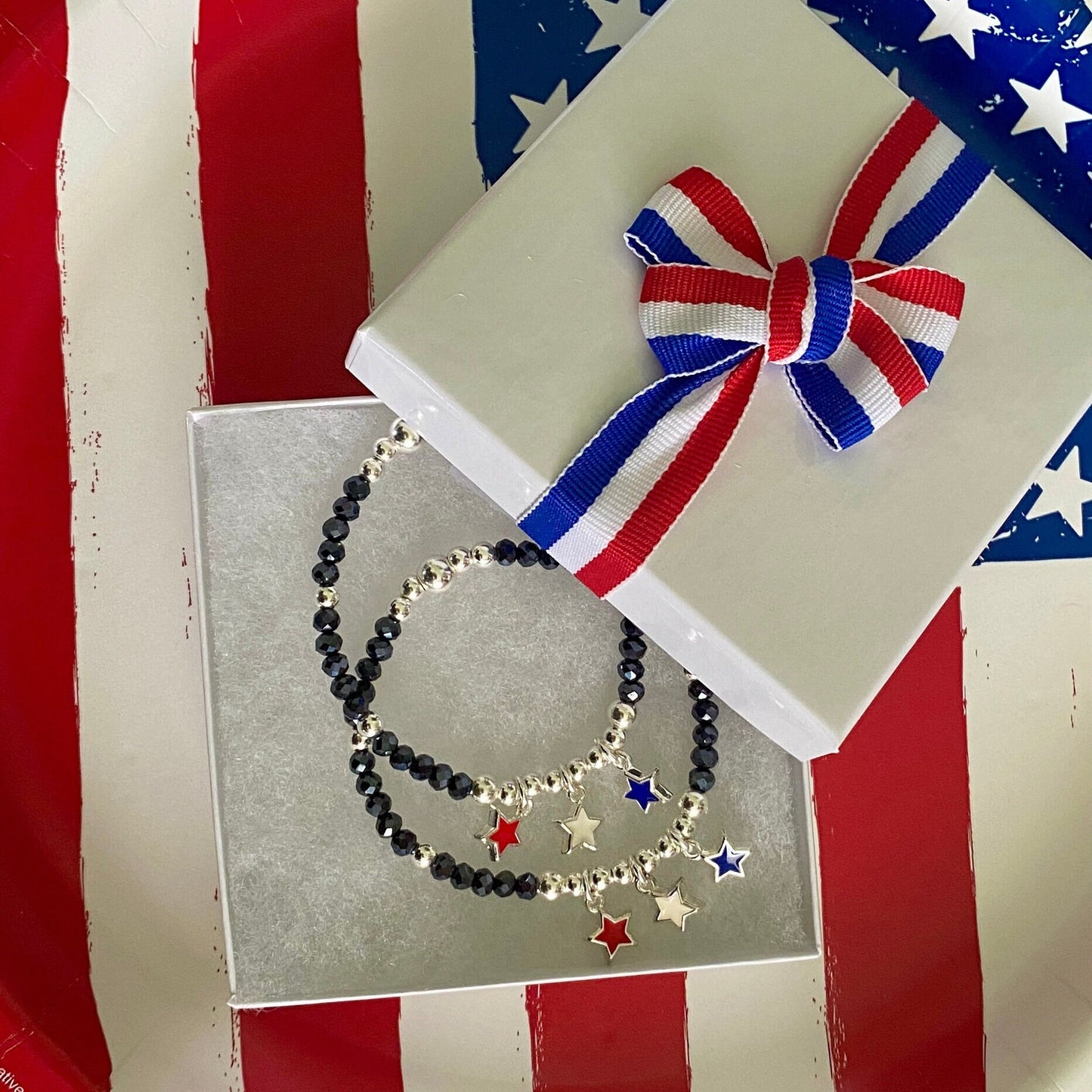 Patriotic navy crystal bracelet USA red white blue star charm gift