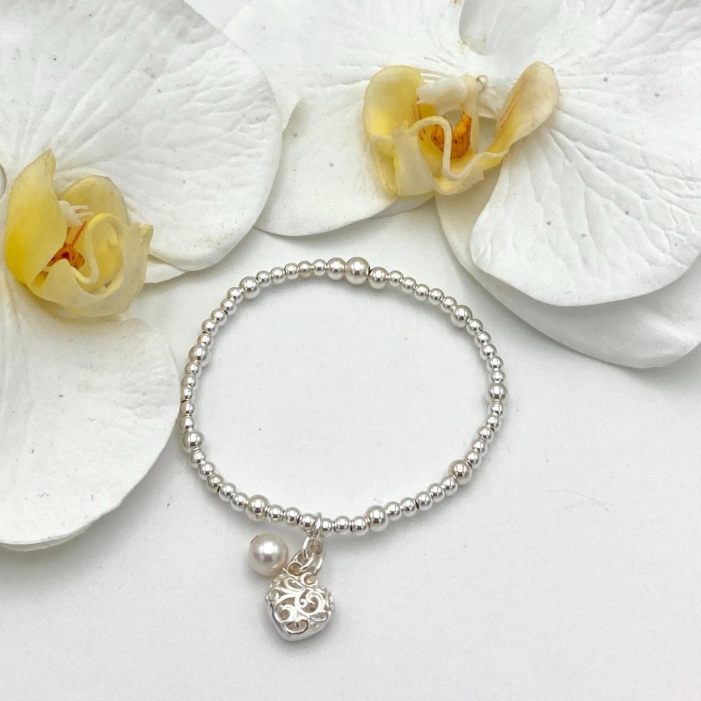 Freshwater pearl bracelet set sterling silver women minimalist jewelry pearl and heart charm wedding day accessory