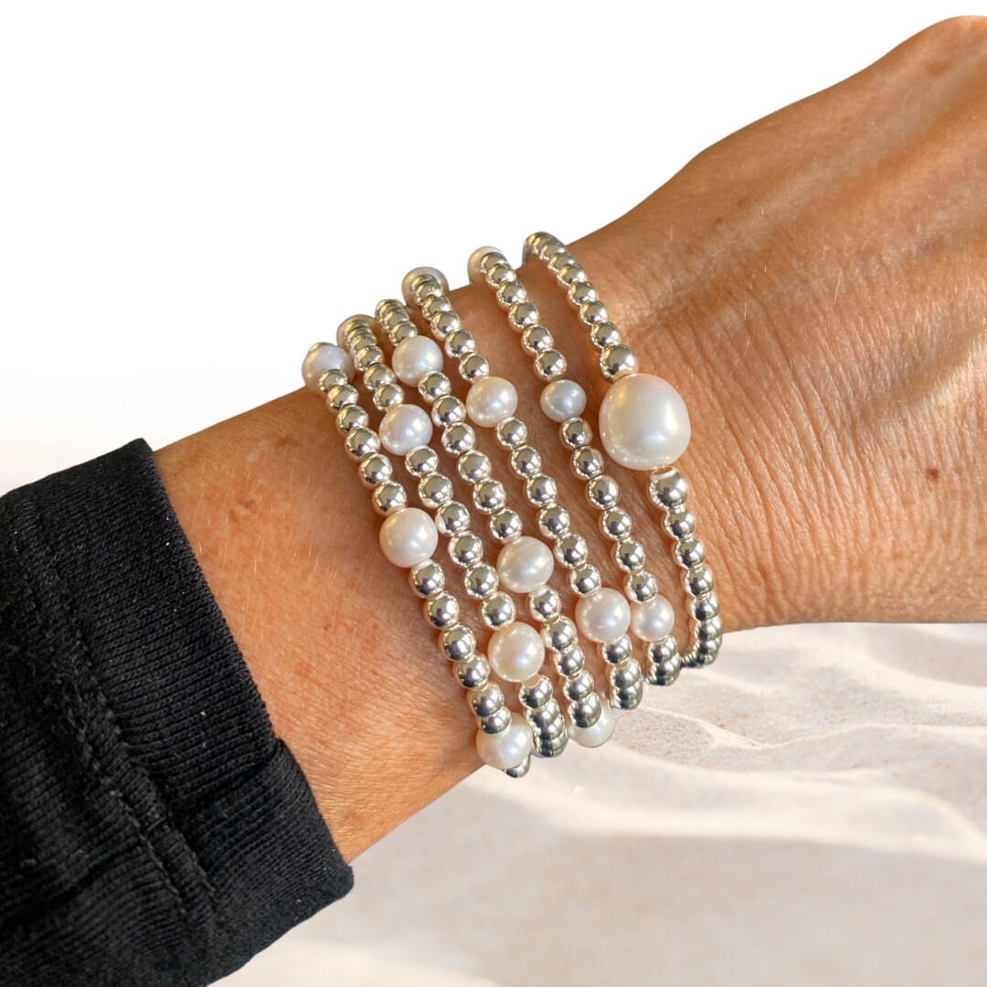 Sterling silver pearl beaded bracelet stretchy wedding jewelry set bridesmaid meaning friendship gift