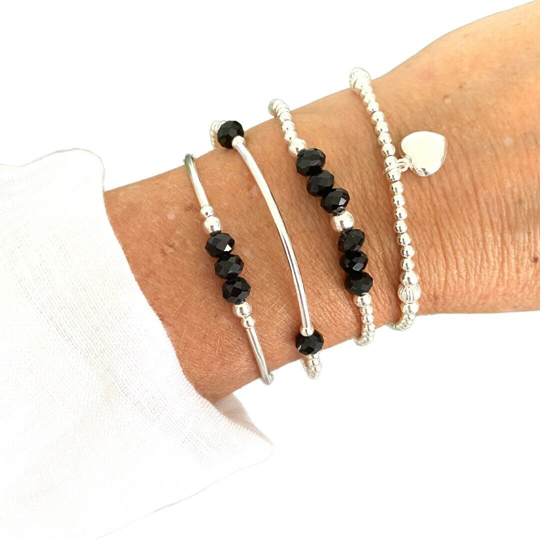 Black crystal silver bracelet sterling silver black beads gift for mom anniversary gift black crystal set stretch jewelry crystal bracelet