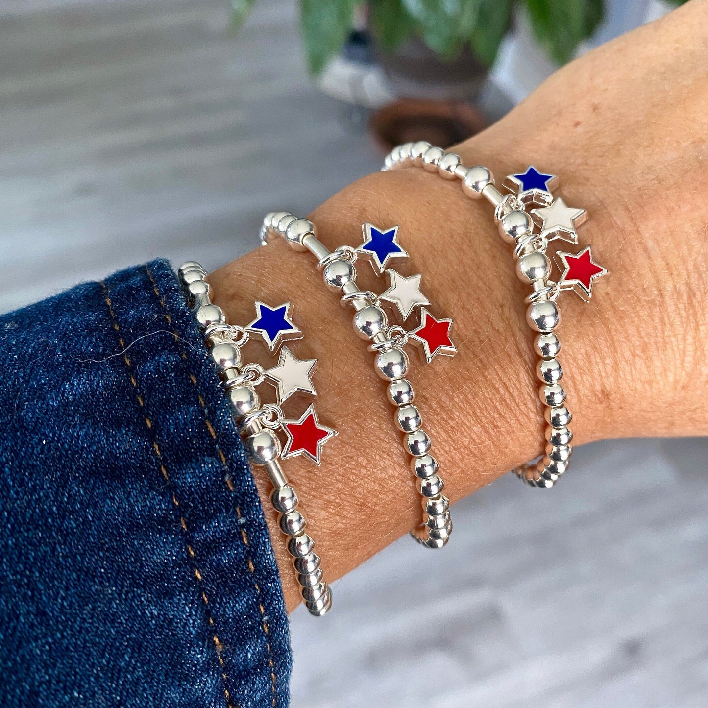 Patriotic stars bracelet set red white blue charms sterling silver USA gift