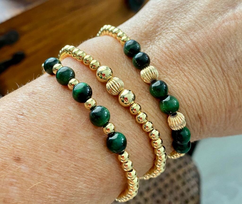 Gold Filled Green Bracelet Tiger Eye Beaded Jewelry for Women