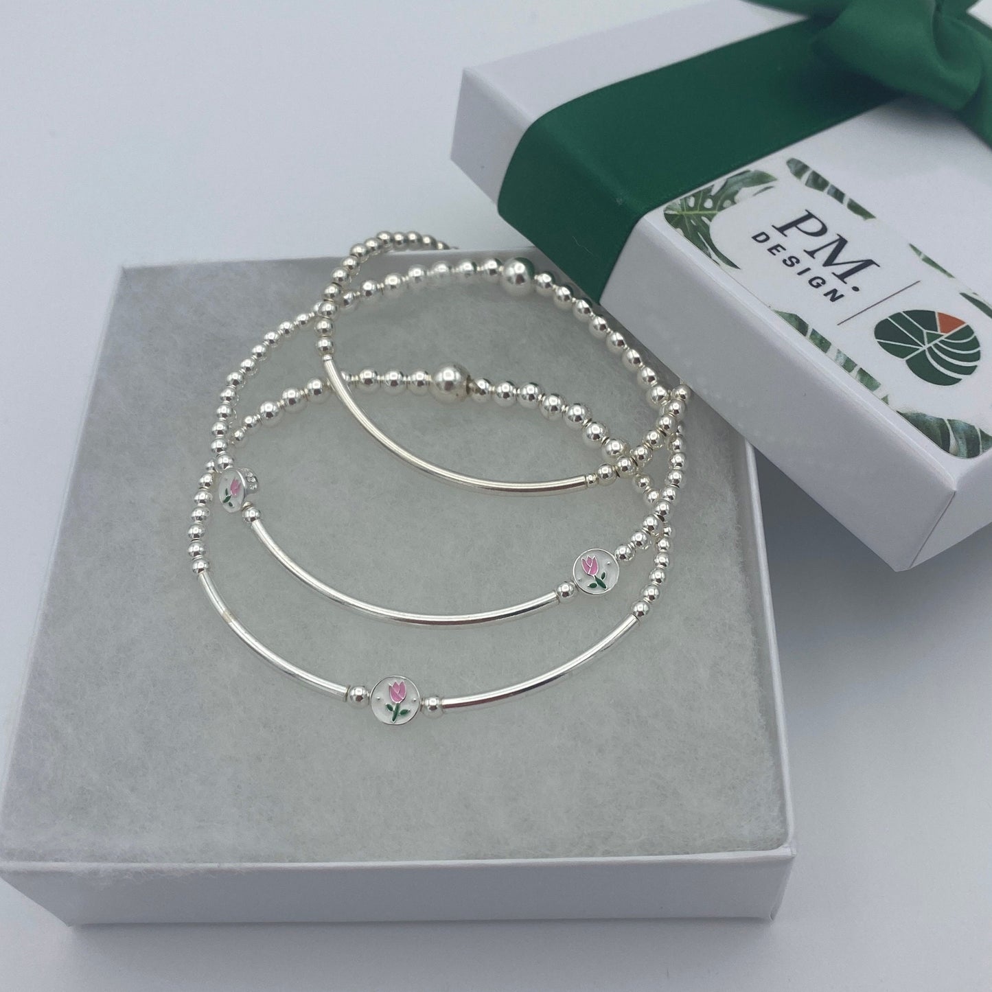 Silver Flower Charm Bracelet Pink Tulip Gift Set for Women