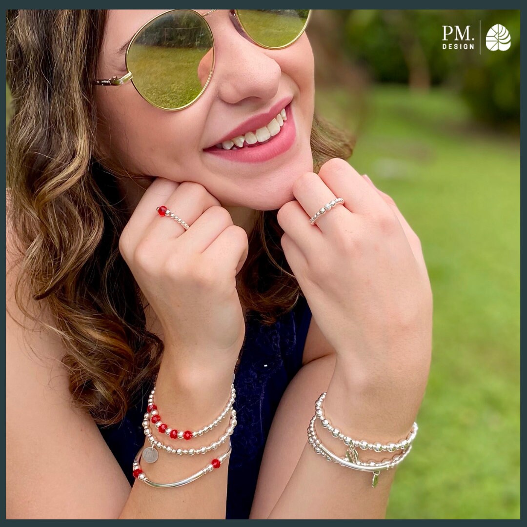 Red crystal sterling Silver Beaded Bracelet Crystal and Sterling Silver Tube Layering Bracelets Bright Cystal Stack Love mom gift idea