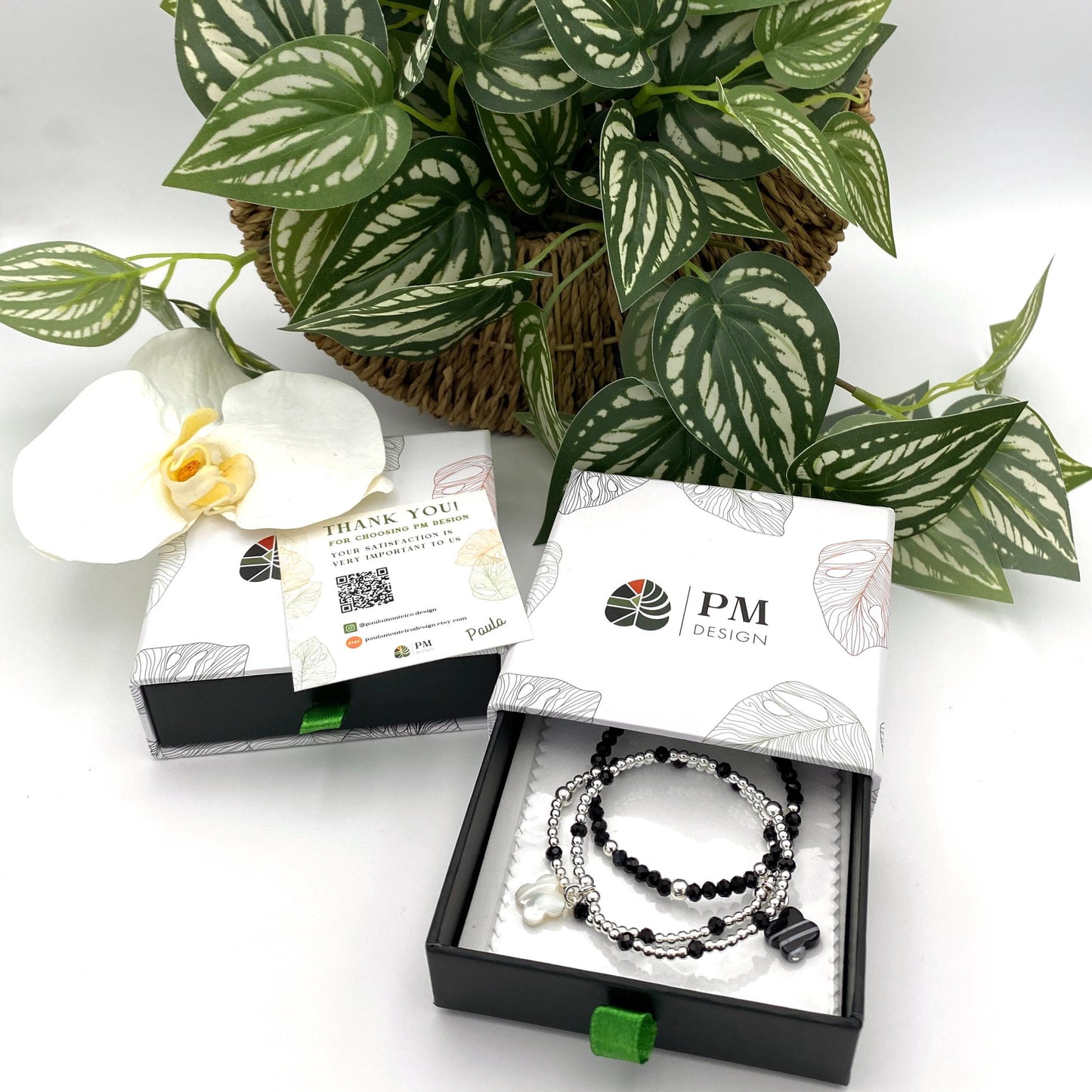 Sterling silver flower charm bracelet black and white jewelry gift for mom classic floral piece for her