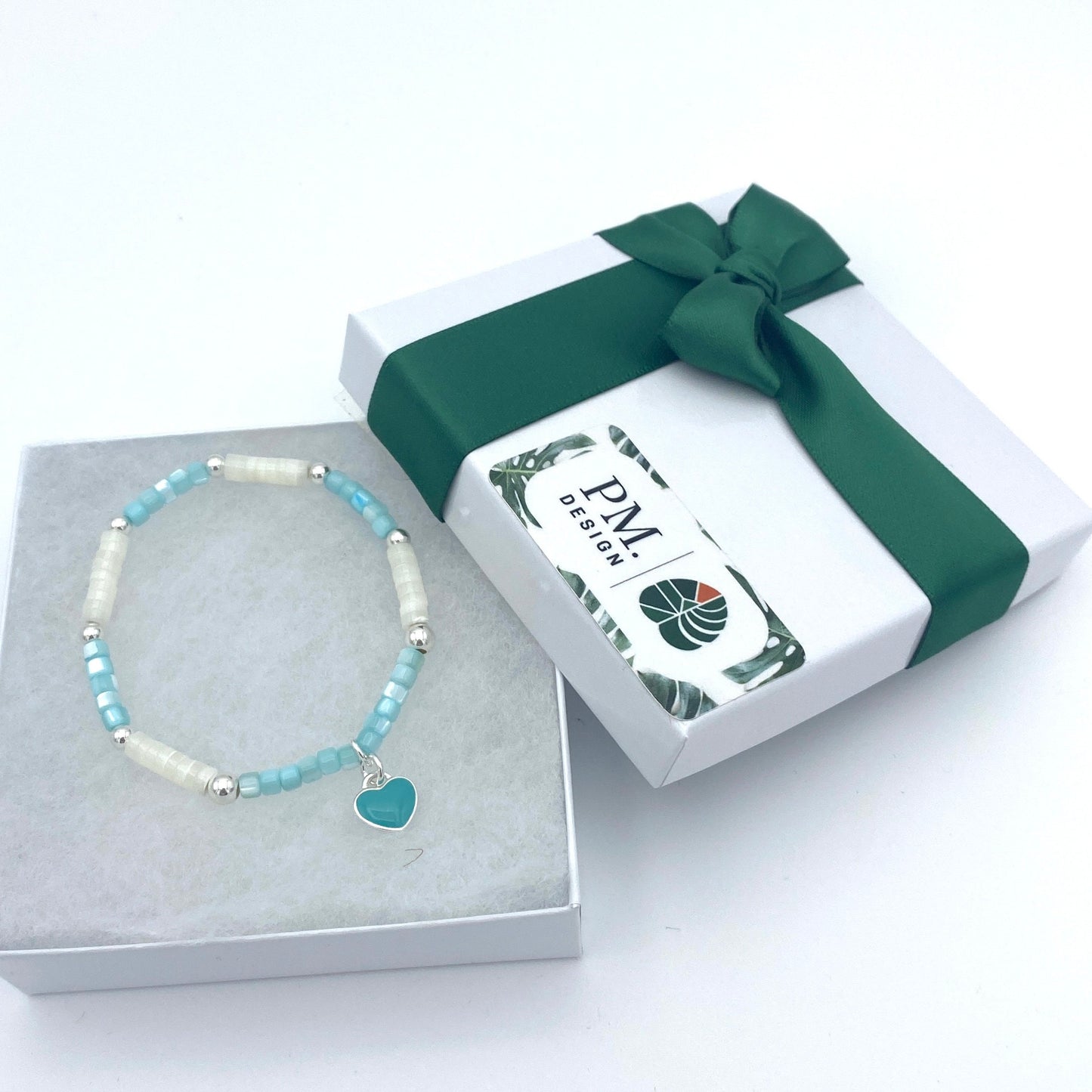 Sterling Silver Blue and green Crystal Bracelet with Personalized Charm for Her