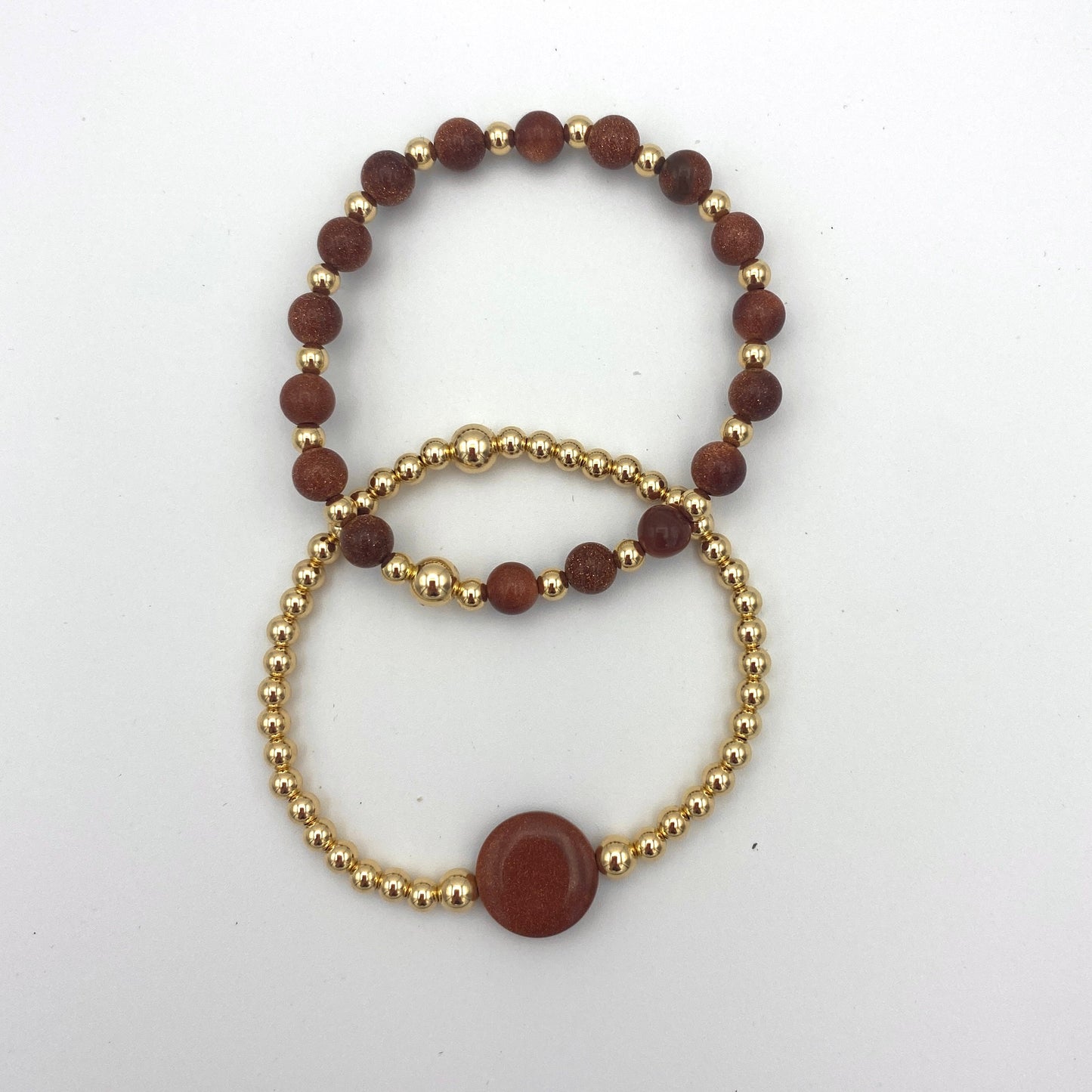 Gold filled sandstone beaded bracelet Set brown goldstone women jewelry stretchy stacking fall color gift