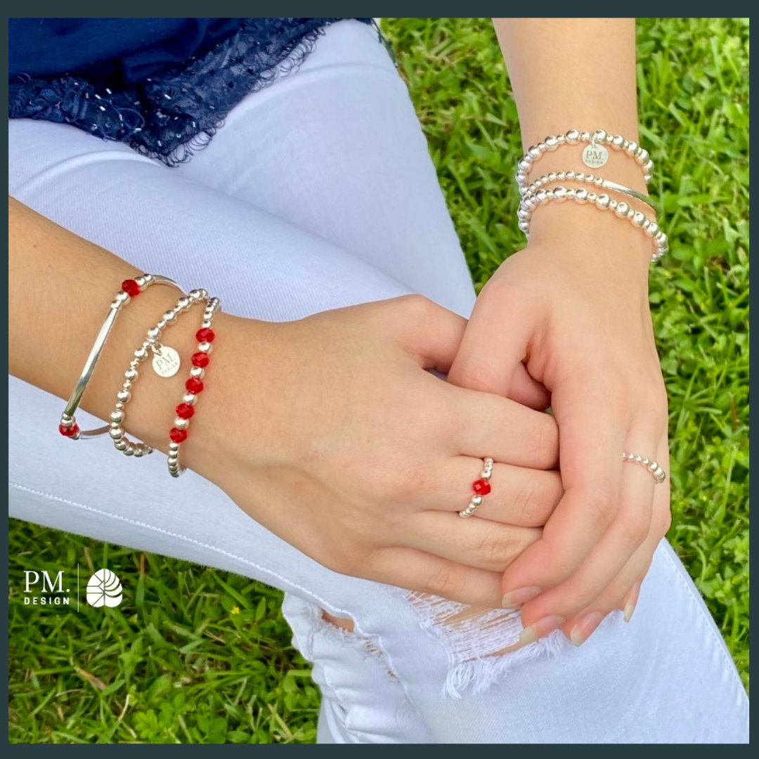 Red crystal sterling Silver Beaded Bracelet Crystal and Sterling Silver Tube Layering Bracelets Bright Cystal Stack Love mom gift idea