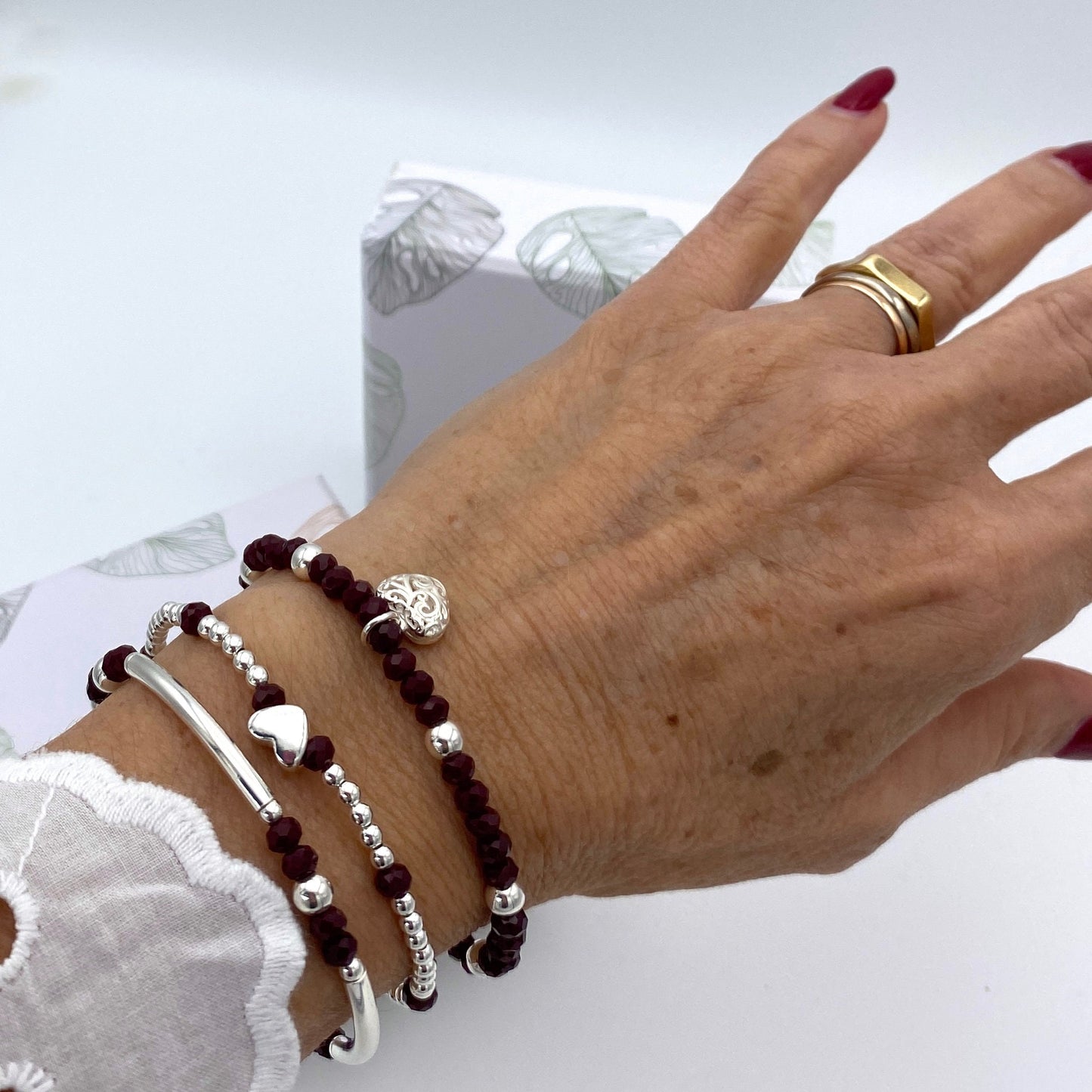 Sterling silver wine crystal bracelet for women heart charm stretchy personalized jewelry gift