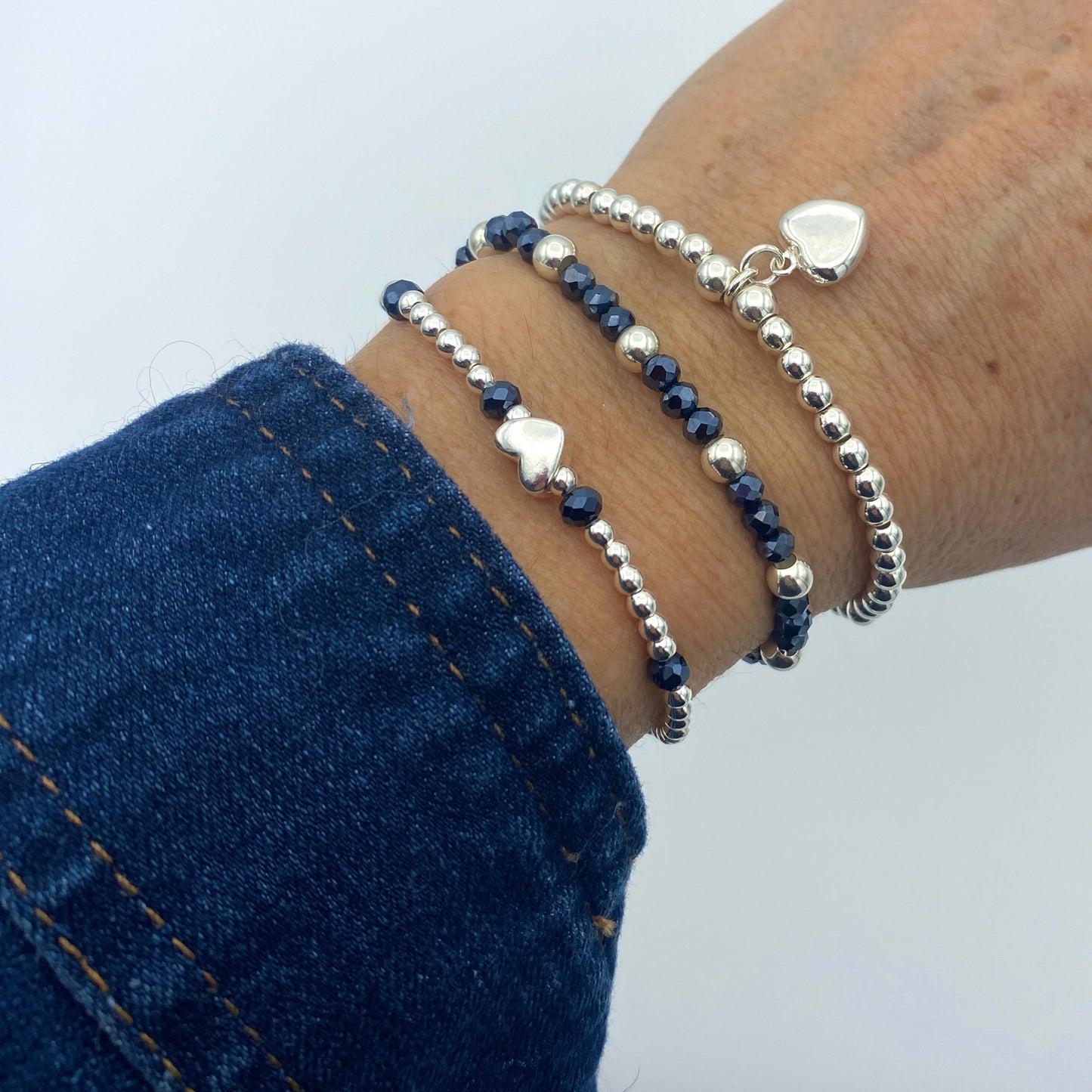 Sterling silver blue crystal bracelet set heart charm beaded stretchy jewelry gift
