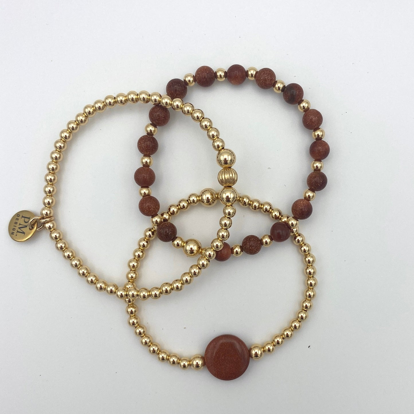 Gold filled sandstone beaded bracelet Set brown goldstone women jewelry stretchy stacking fall color gift