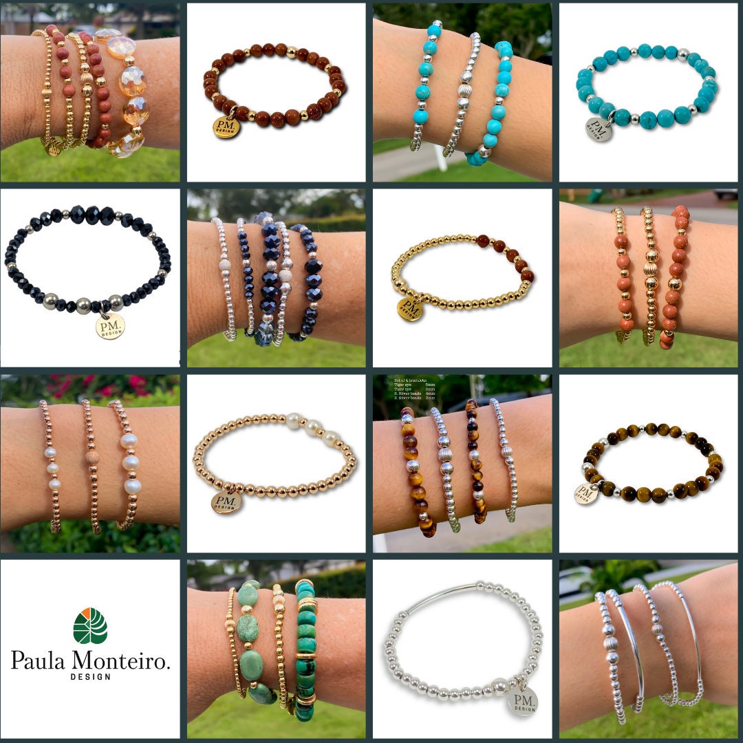 Tiger Eye Turquoise Silver Bracelet 925 Sterling Layering Beaded Jewelry Gift for Mom