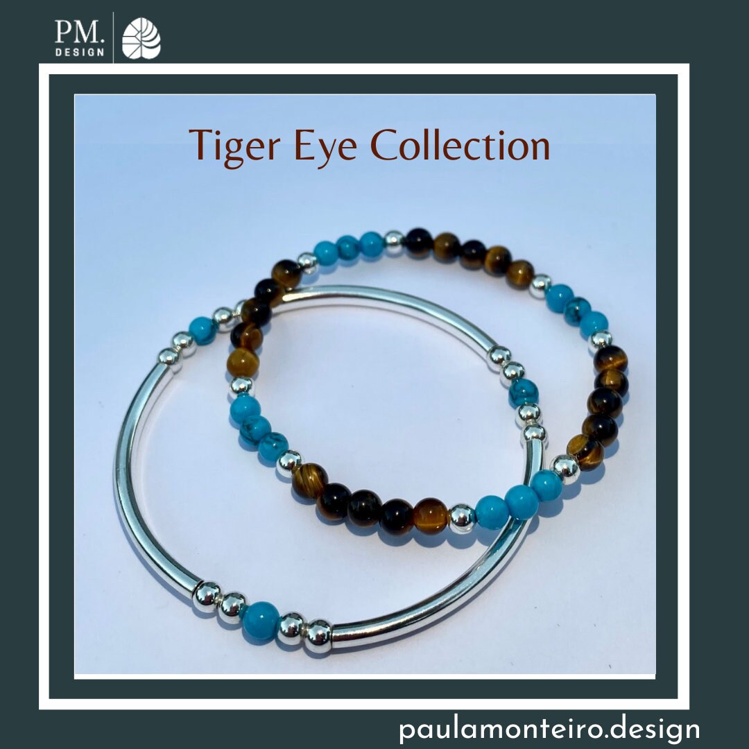 Tiger Eye Turquoise Silver Bracelet 925 Sterling Layering Beaded Jewelry Gift for Mom