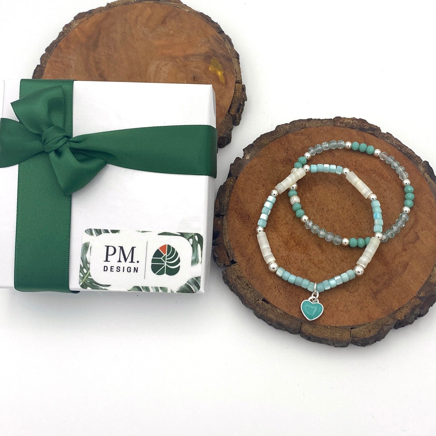 Sterling Silver Blue and green Crystal Bracelet with Personalized Charm for Her