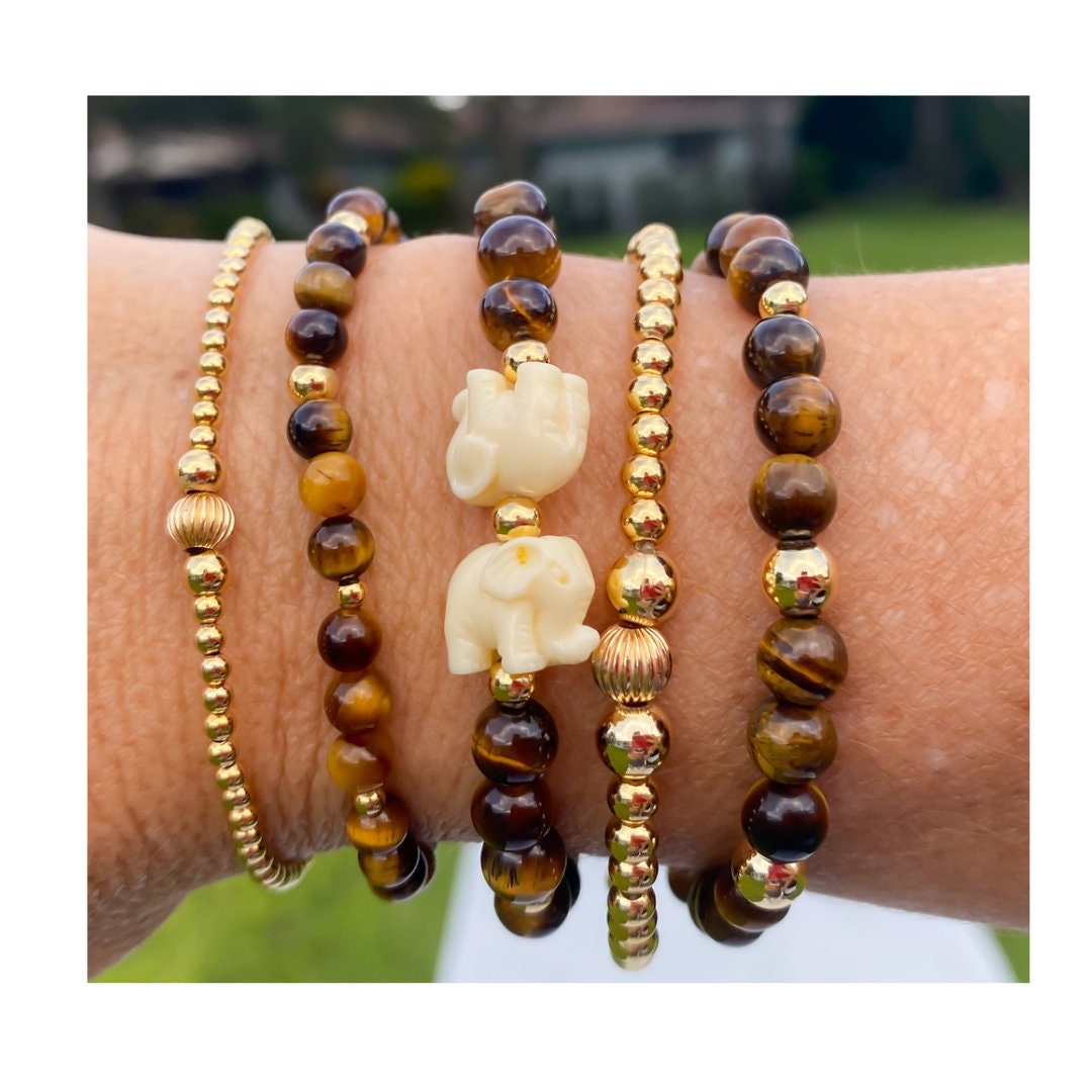 Gold Filled Tiger Eye Bracelet with Elephant Charm Gift for Her