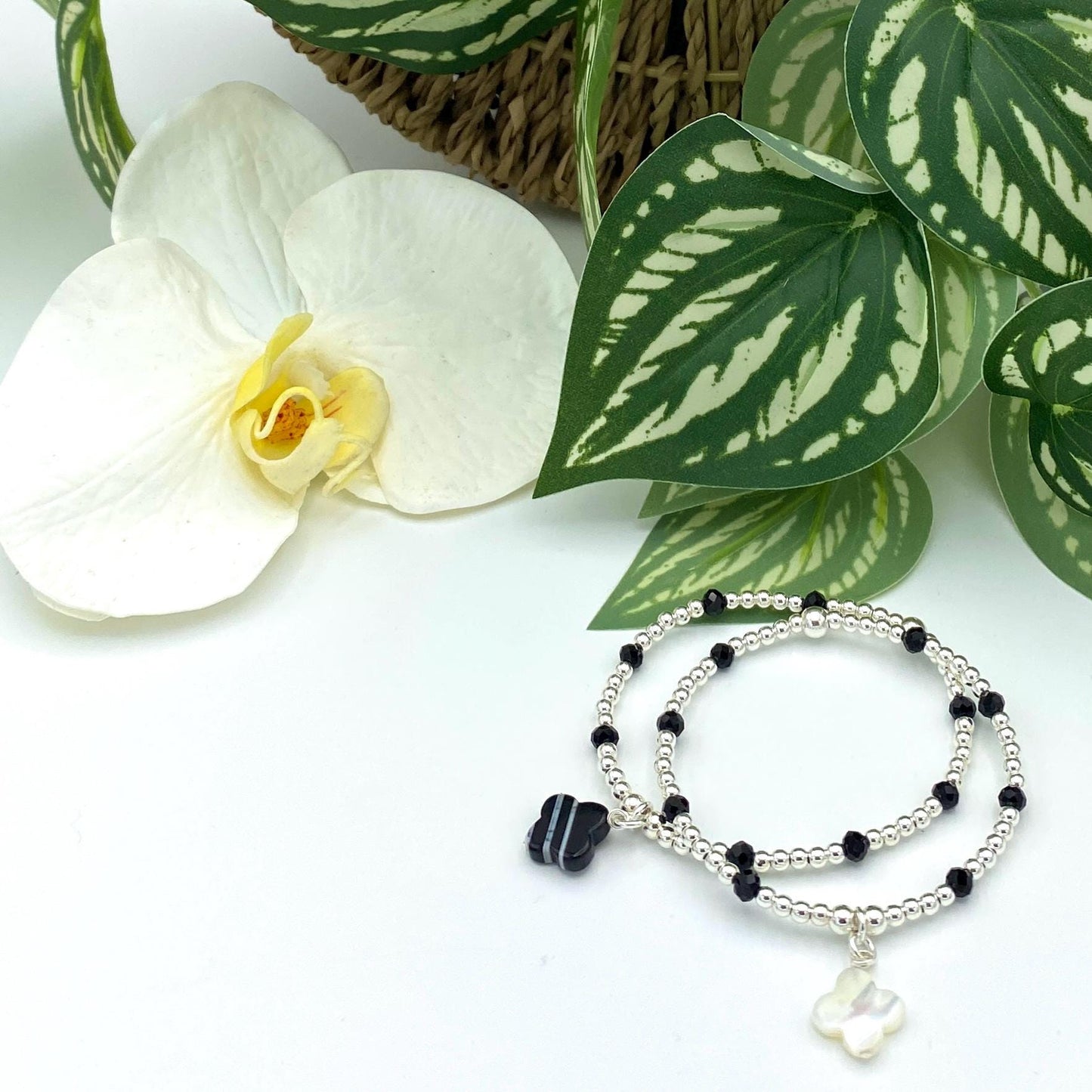 Sterling silver flower charm bracelet black and white jewelry gift for mom classic floral piece for her