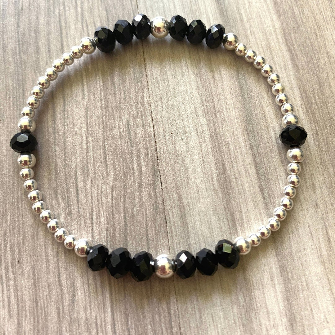 Black crystal silver bracelet sterling silver black beads gift for mom anniversary gift black crystal set stretch jewelry crystal bracelet