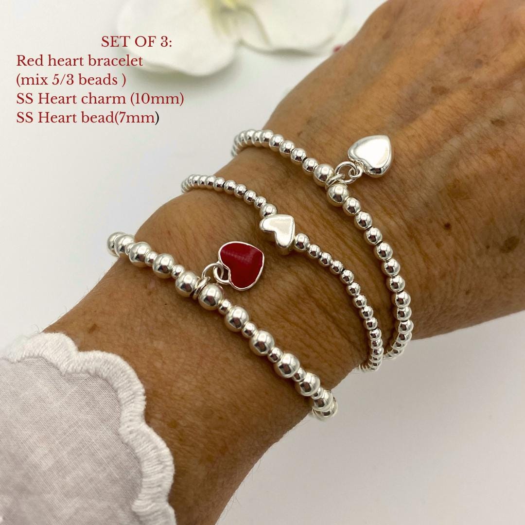 sterling silver red heart charm personalized bracelet stretchy jewelry set gift for women