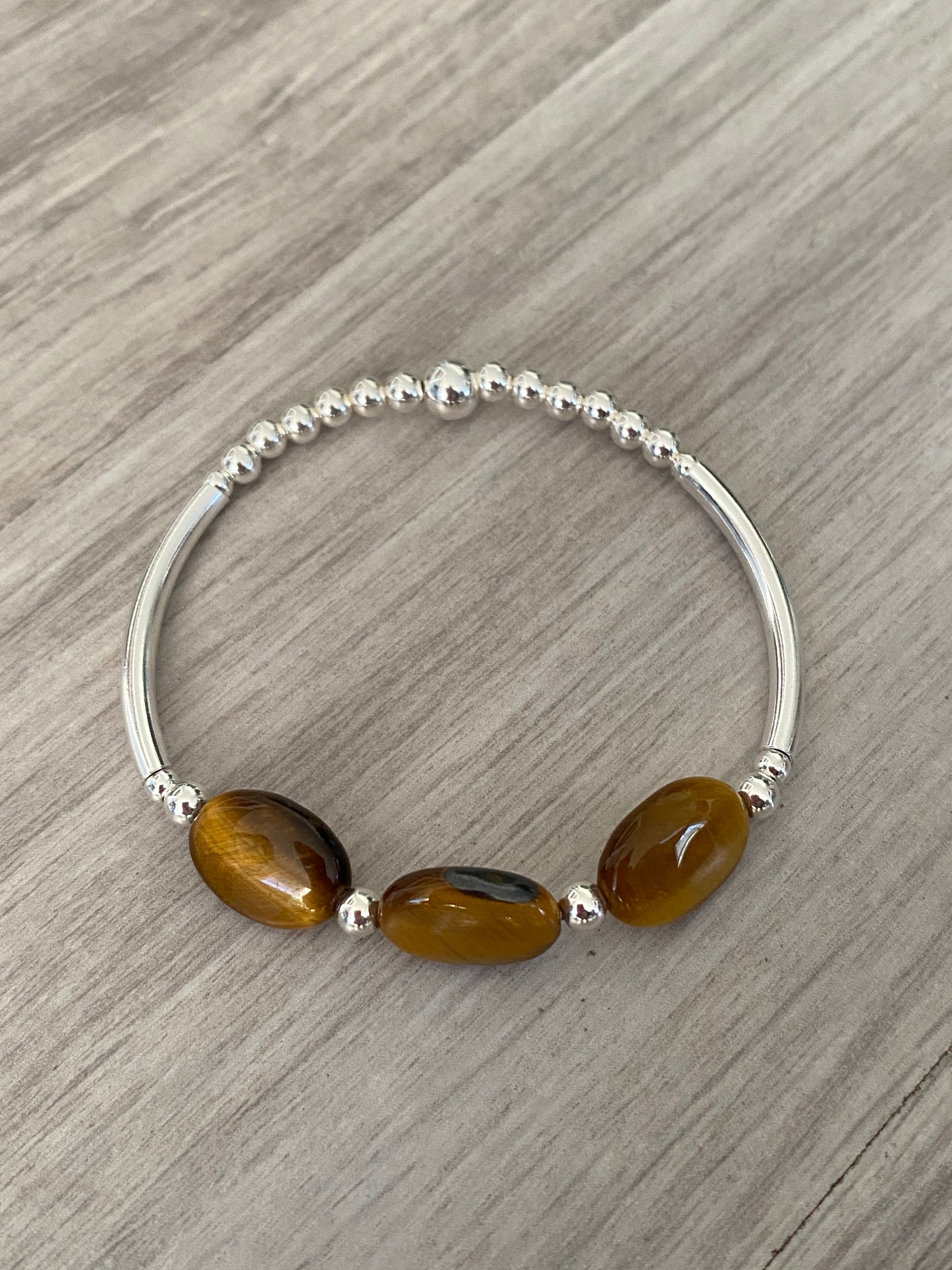 Sterling silver tiger's eye stretchy bracelet set for women gemstone stack jewelry gift