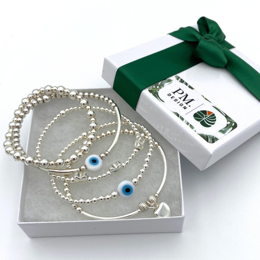 Evil Eye Silver Bracelet Greek Charm Stacking Jewelry Gift for Women