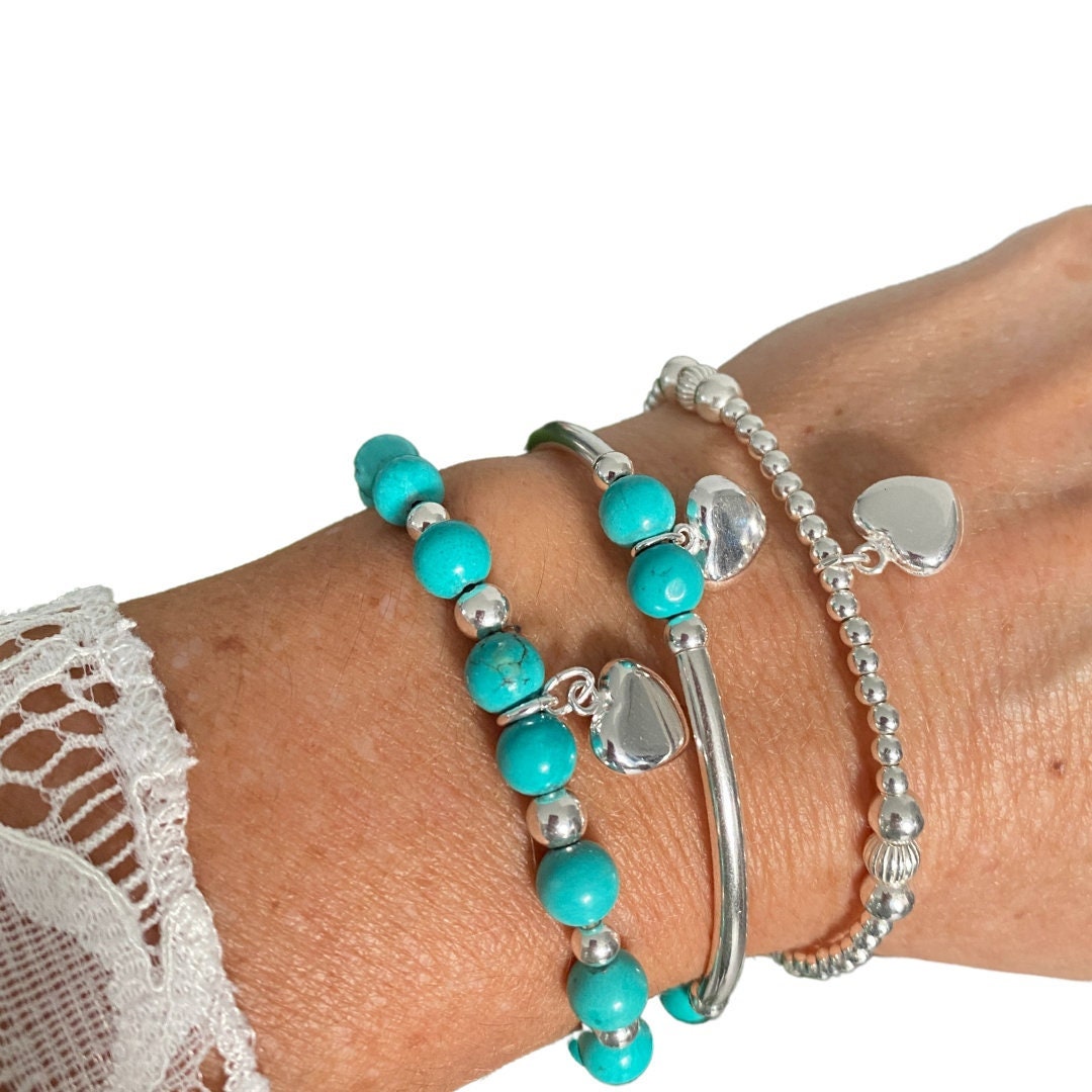 Turquoise Silver heart charm beaded bracelet stacking jewelry gift for women