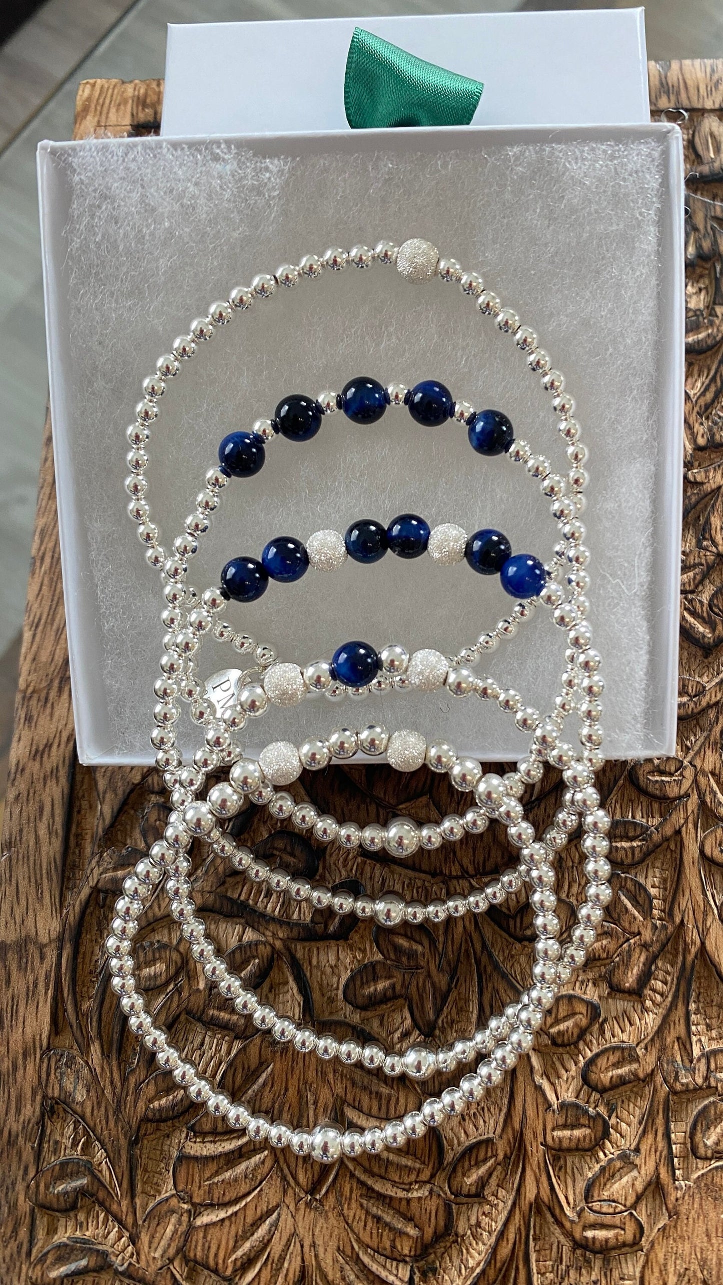 Sterling Silver Blue Gemstone Bracelet Set with Tiger Eye and Stardust Beads