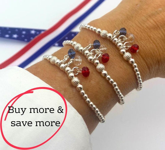 Patriotic crystal charm bracelet silver flag jewelry 4th of July gift set