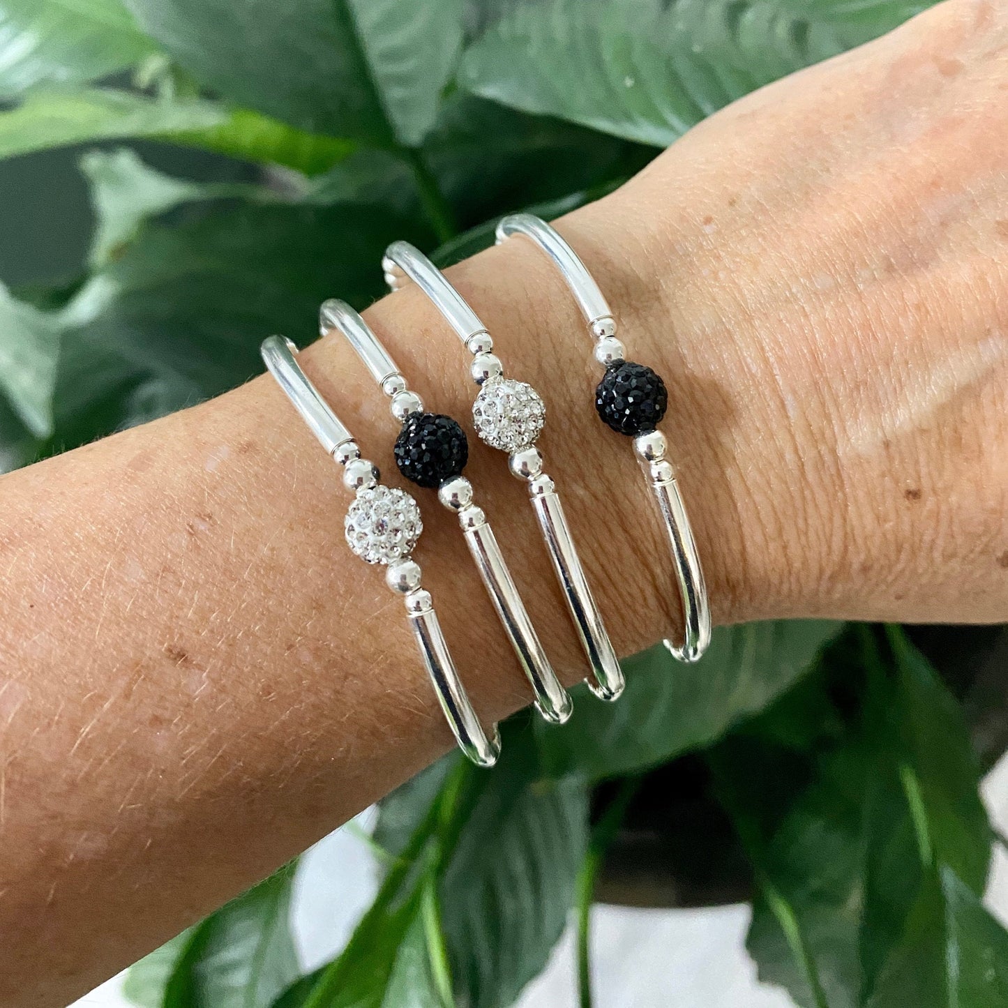 Sterling silver black and white crystal bracelet beaded and tubes rhinestone women jewelry gift